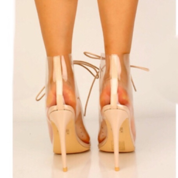 Transparent Lace Up Peep Toe Booties in Nude - Picture 5 of 8